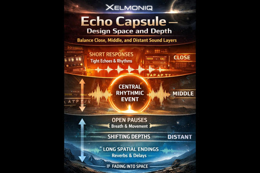 A vertical infographic titled 'Echo Capsule - Design Space and Depth' by Xelmoniq, showing layered sound design sections from short responses to long spatial endings, with orange, yellow, and blue glow effects on a dark space-themed background.