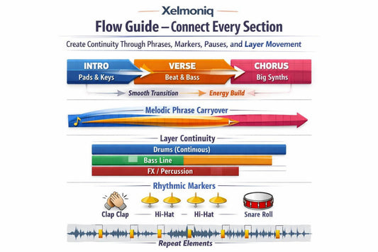 A digital flow chart titled 'Xelmoniq Flow Guide - Connect Every Section' showing how to organize production parameters like intro, verse, chorus, rhythmic markers, and repeat elements with colored arrows and audio waveform examples.