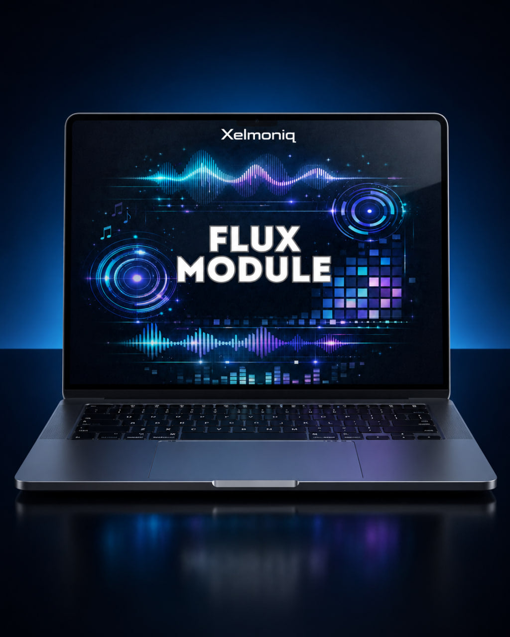 An open laptop on a dark reflective surface, displaying a glowing screen with the text 'Xelmoniq FLUX MODULE' and blue-purple digital interface graphics.