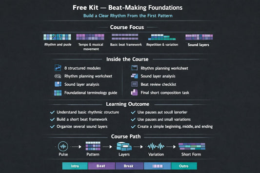 A dark promotional graphic for a free music production course titled 'Free Kit - Beat-Making Foundations'. The design features a dark charcoal background with white text and colorful purple, blue, and pink graphic elements illustrating course modules, learning outcomes, and a course path.