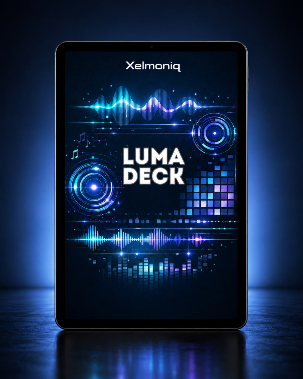 A tablet device standing upright on a dark reflective surface, displaying a futuristic blue and purple digital interface with the text 'Xelmoniq' at the top and 'LUMA DECK' prominently in the center.