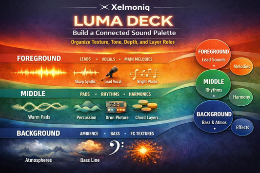 A digital graphic for Xelmoniq Luma Deck, a sound design software, showing a colorful layered system with sections for Foreground, Middle, and Background, complete with icons and labels for different sound types.