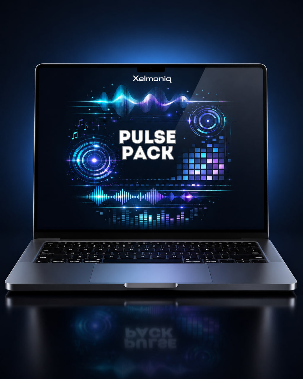 A silver laptop on a dark reflective surface, displaying a glowing blue and purple digital audio interface graphic with the text 'Xelmoniq PULSE PACK' on the screen.