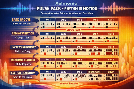 An educational music production graphic titled 'Xelmoniq Pulse Pack - Rhythm in Motion' showing a step-by-step guide on how to create rhythmic patterns across 4 bars. The infographic is divided into five stages: Basic Groove, Adding Variation, Increasing Density, Rhythmic Dialogue, and Section Transition, with visual cues and sample patterns.