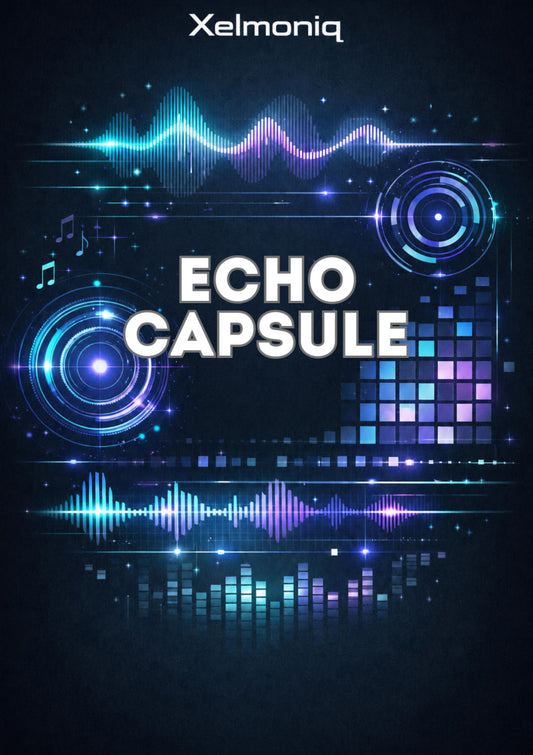 Digital cover art for 'Echo Capsule' by Xelmoniq, featuring glowing blue and purple audio waveforms, circular HUD-style graphics, and white bold text on a dark background.