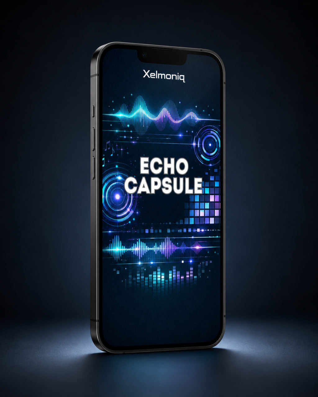 A smartphone shown upright on a dark studio background, displaying the Xelmoniq brand name at the top and a glowing blue and purple audio-style graphic with the words 'ECHO CAPSULE' in large white letters.