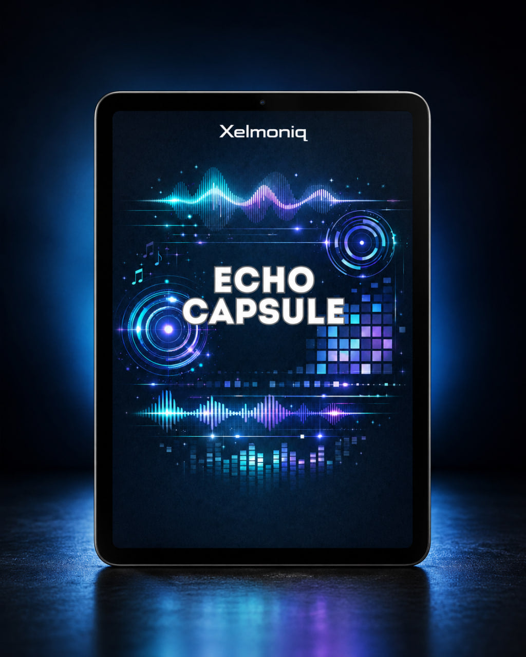 A tablet device labeled Xelmoniq stands upright on a dark reflective surface, displaying a futuristic blue and purple audio graphic with the words 'ECHO CAPSULE' in large white letters.