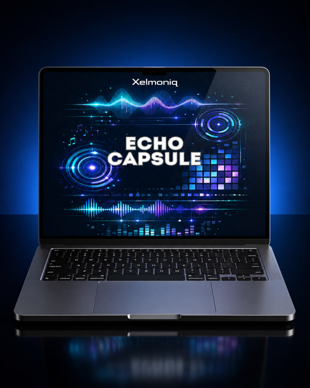 A dark gray laptop on a reflective black surface against a blue gradient background, displaying a digital graphic on its screen with the text 'Xelmoniq' and 'ECHO CAPSULE'.