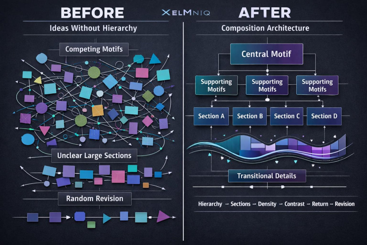 A before-and-after infographic on a dark chalkboard-style background, titled BEFORE and AFTER with the brand name XLMNIO at the top. The left side, labeled BEFORE, shows a chaotic network of colorful abstract shapes and lines with text including 'Competing Motifs,' 'Unclear Large Sections,' and 'Random Revision.