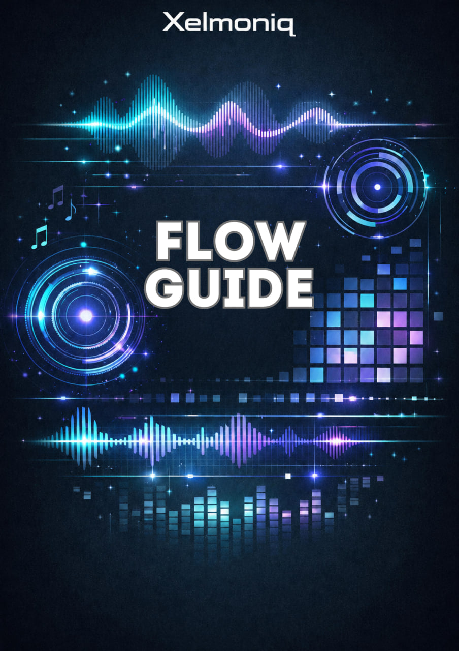A digital cover design with the text 'Xelmoniq' at the top and 'FLOW GUIDE' in large white letters in the center, surrounded by glowing blue and purple audio waveform graphics and circular tech-style icons on a dark background.