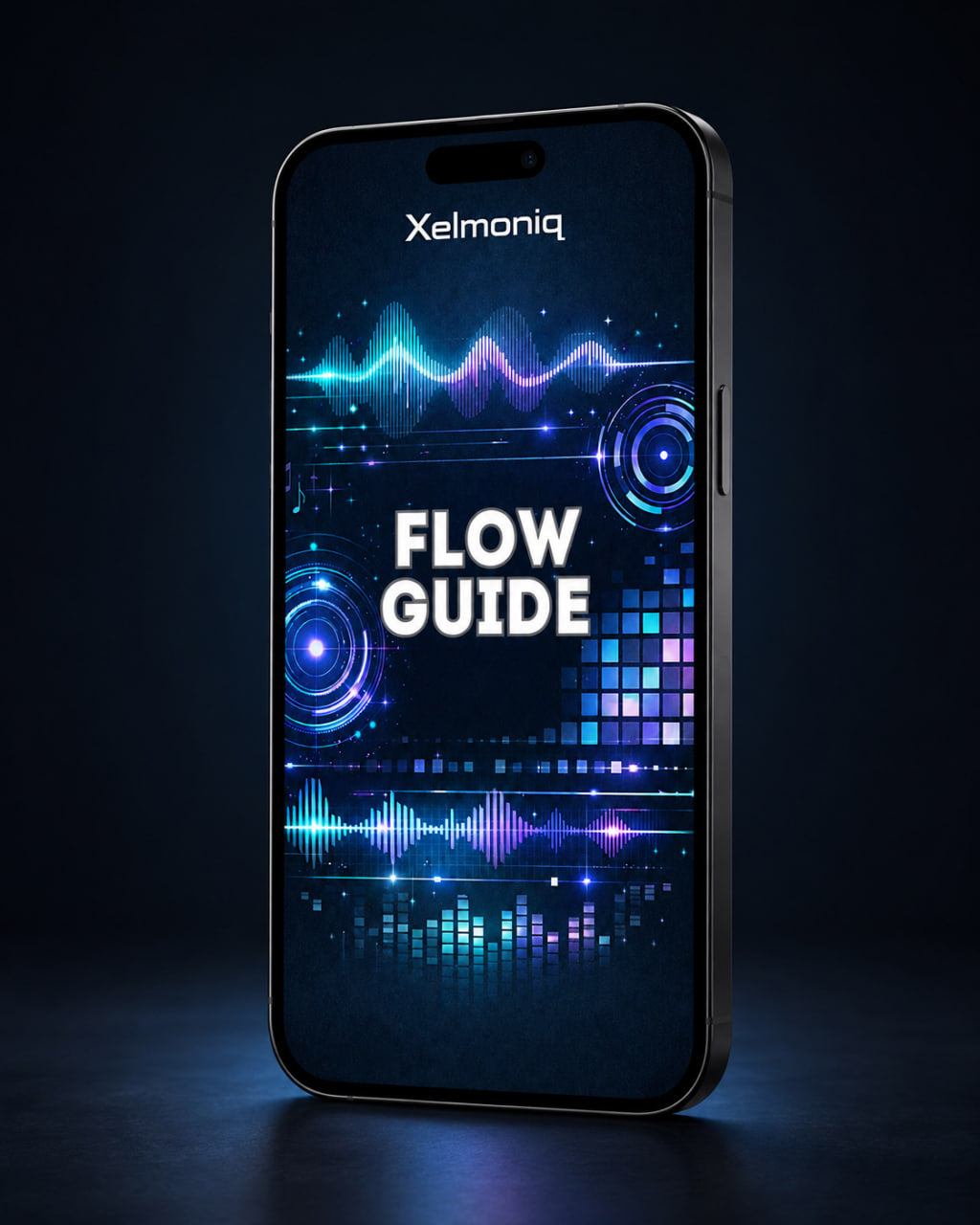 A smartphone shown upright against a dark studio background, displaying a digital interface with the text 'FLOW GUIDE' and the brand name 'Xelmoniq' near the top of the screen.