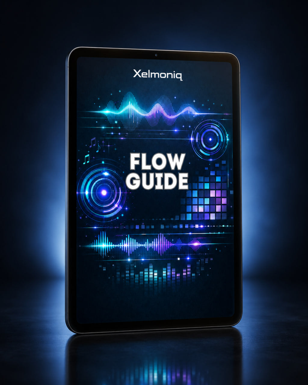 A tablet device standing upright on a dark reflective surface, displaying a blue and purple digital interface with the text 'FLOW GUIDE' and the brand name 'Xelmoniq' at the top.