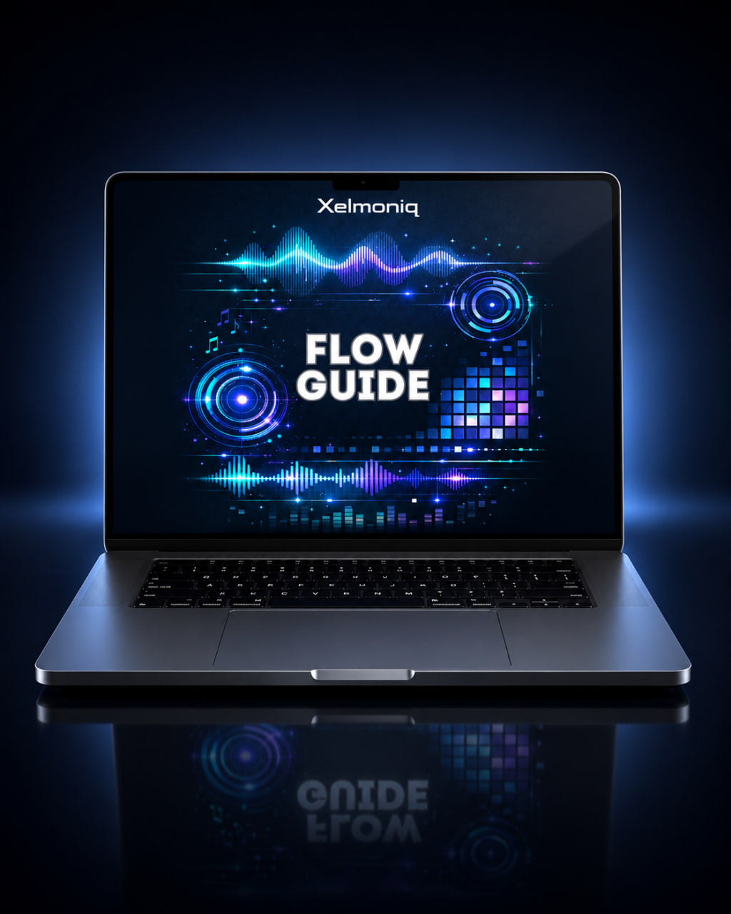 A silver laptop on a dark reflective surface, displaying a glowing blue and purple digital interface with the text 'FLOW GUIDE' and the brand name 'XelmoniQ' at the top of the screen.