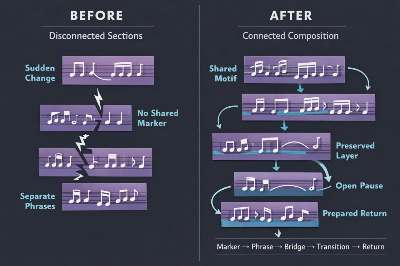 A comparison infographic titled 'Before' and 'After' with the subtitle 'Disconnected Sections' and 'Connected Composition.' The left side shows fragmented musical notes and staff lines labeled 'Sudden Change,' 'No Shared Marker,' and 'Separate Phrases.