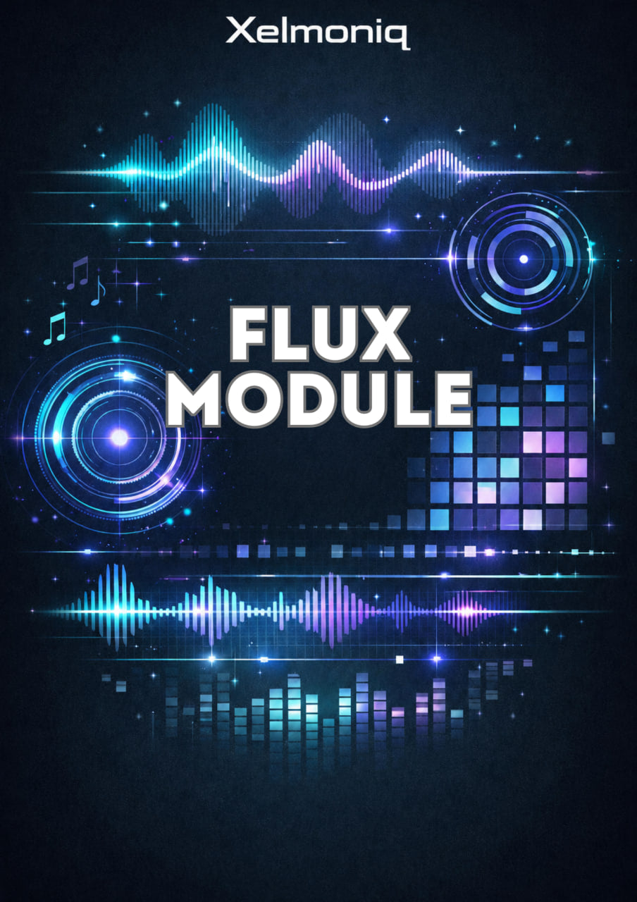 Digital cover art for 'Flux Module' by Xelmoniq, featuring glowing blue and purple audio waveforms, circular graphic elements, and a pixel-style equalizer on a dark textured background.