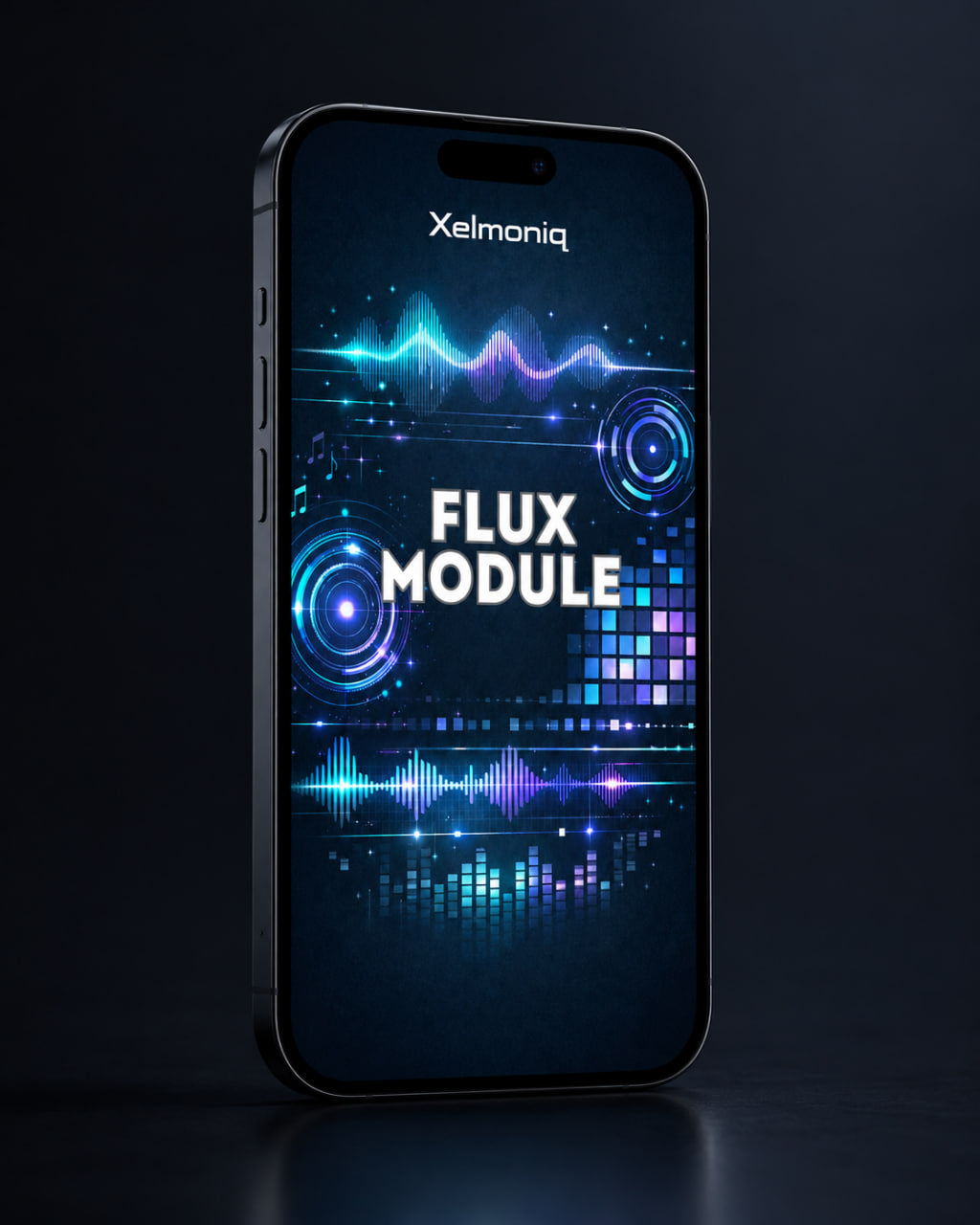 A black smartphone shown upright against a dark background, with the screen on and displaying the text 'Xelmoniq' and 'FLUX MODULE' in glowing blue, purple, and white digital graphics.