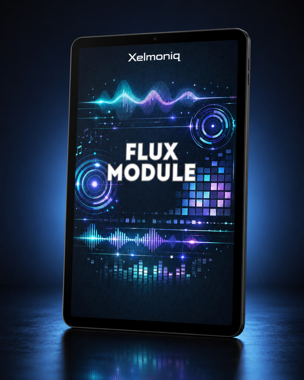 A tablet device displaying the Xelmoniq Flux Module software interface, set against a dark blue studio background with a reflective surface.