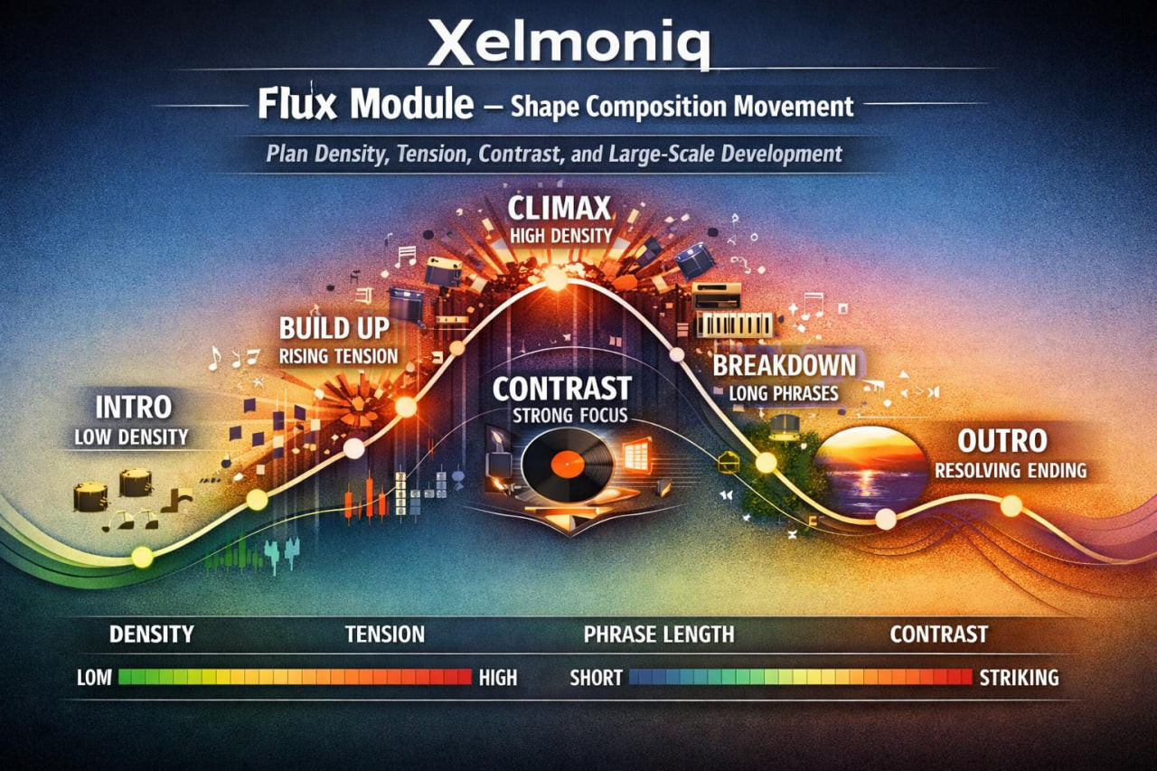 An infographic titled 'Xelmoniq Flux Module – Shape Composition Movement' with a dark blue and orange gradient background, showing a stylized musical waveform and labels for intro, build up, climax, breakdown, outro, plus density, tension, phrase length, and contrast scales.