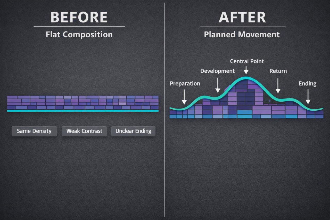 A dark promotional graphic comparing flat composition versus planned movement, with text labels 'BEFORE' and 'AFTER,' arrows, and layered purple/blue graphic elements on a charcoal background.