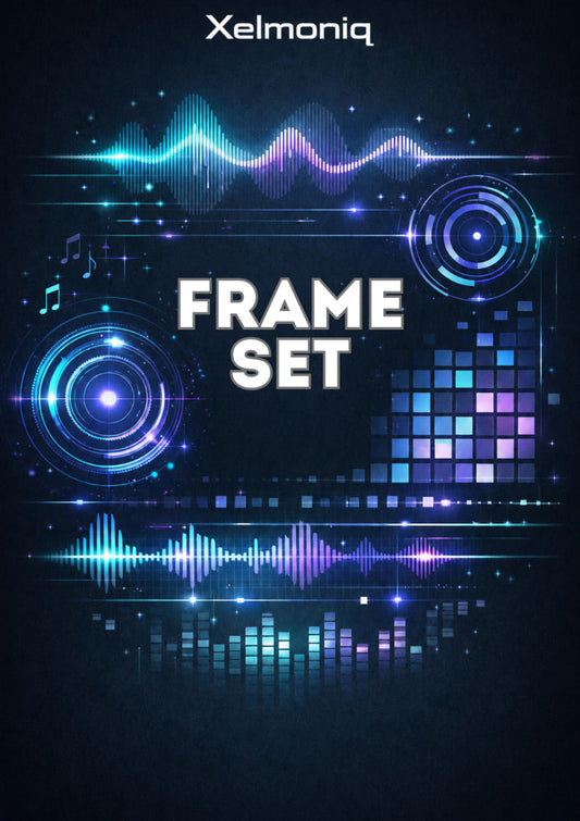 Digital cover art for 'Frame Set' by Xelmoniq, featuring glowing blue and purple audio waveforms, circular target graphics, and a pixel grid on a dark textured background.