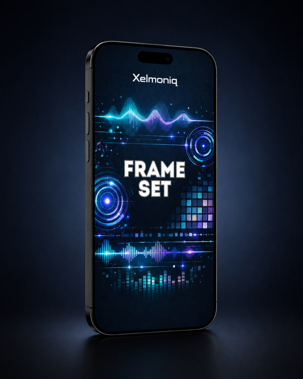 A smartphone shown upright against a dark blue background, with the screen on and displaying the brand name Xelmoniq and large white text reading FRAME SET over a glowing blue and purple digital interface.
