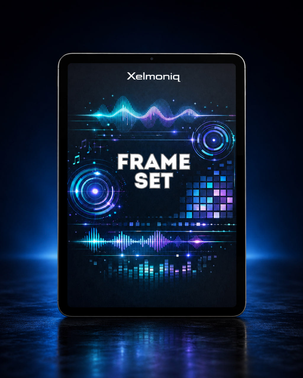 A tablet device labeled Xelmoniq stands upright on a dark reflective surface, displaying a blue and purple audio waveform graphic with the words “FRAME SET” in large white text.