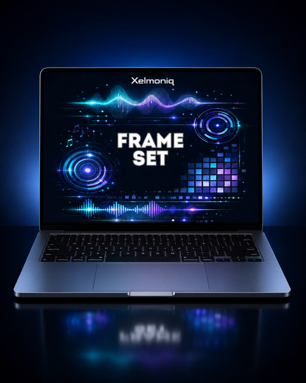 A silver laptop on a dark reflective surface, displaying a futuristic blue and purple digital interface on the screen with the text 'Xelmoniq' and 'FRAME SET'.