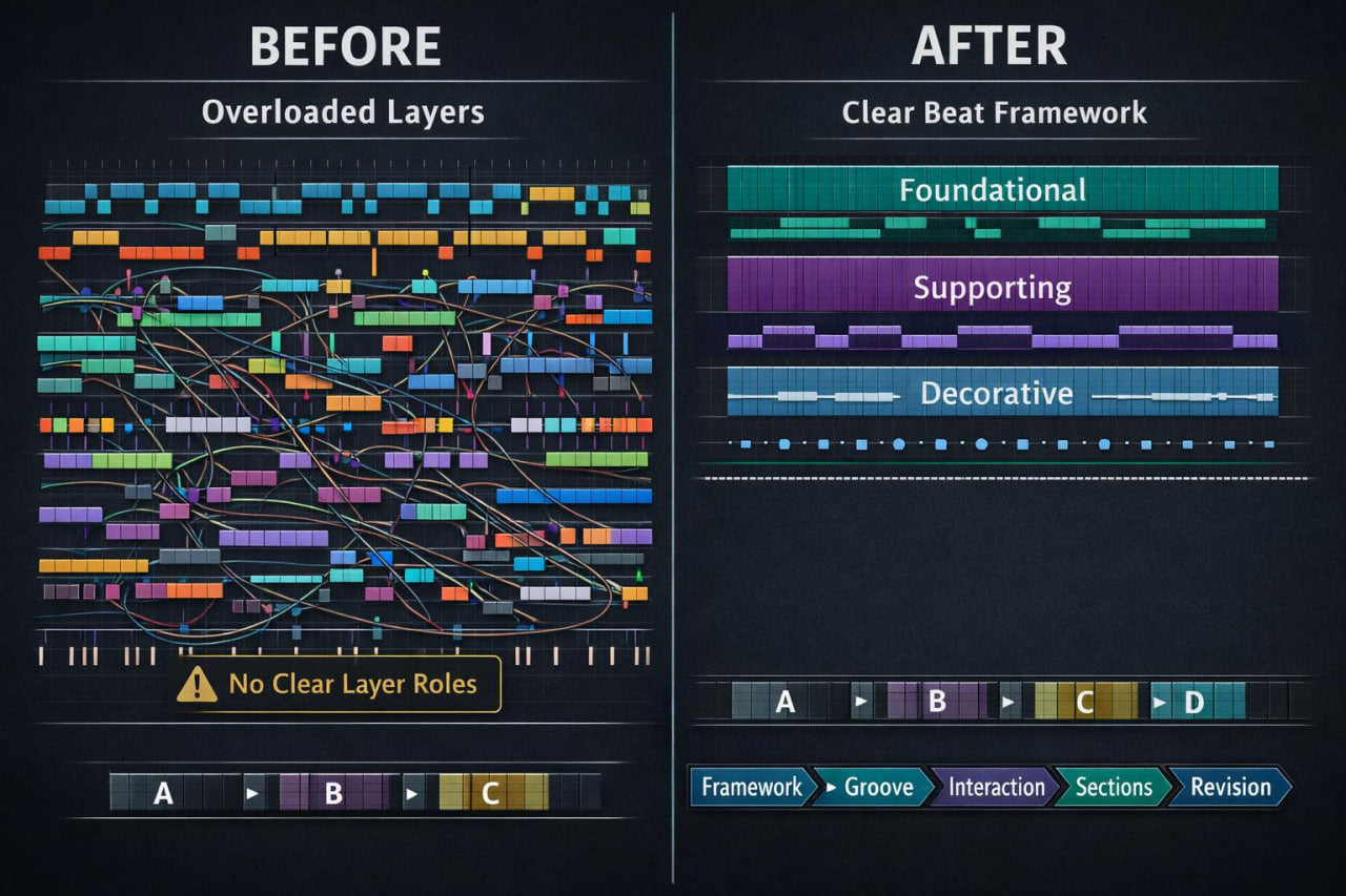A digital comparison graphic titled 'BEFORE' and 'AFTER' over a dark interface. The left side shows a cluttered multicolored layered diagram labeled 'Overloaded Layers,' and the right side shows a simplified stacked framework labeled 'Clear Beat Framework' with teal, purple, and blue blocks.