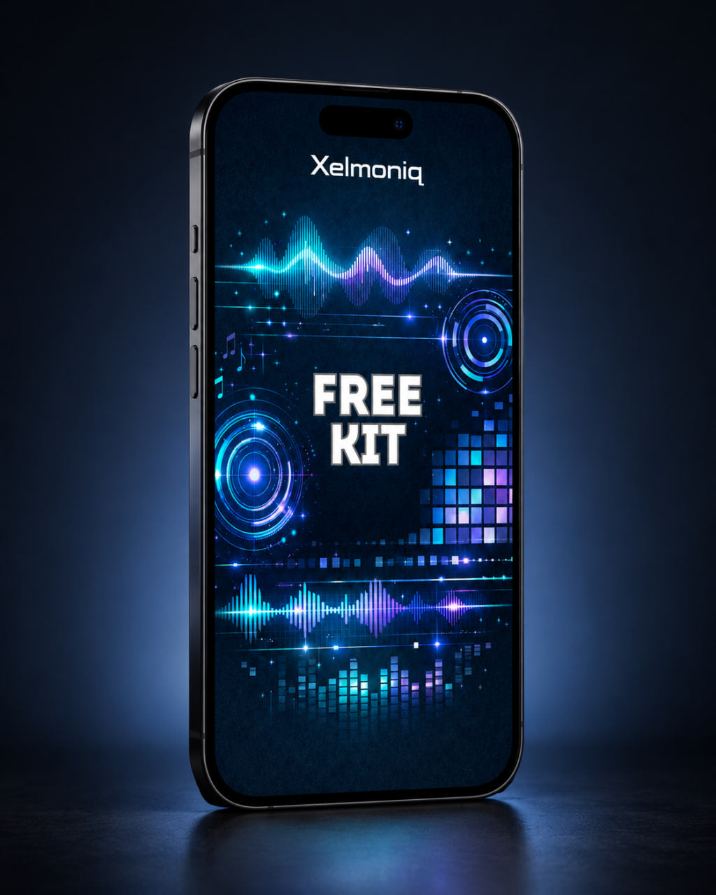 A smartphone shown upright against a dark blue studio background, with the screen on and displaying the brand name Xelmoniq at the top and large white text reading FREE KIT in the center.