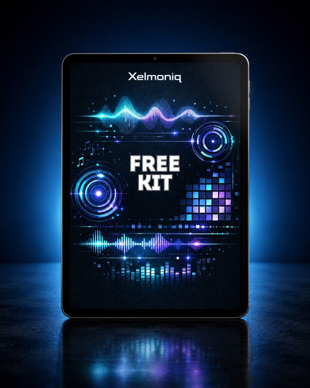 A black tablet device standing upright on a dark reflective surface, displaying a futuristic blue and purple audio graphic with the text 'Xelmoniq' at the top and 'FREE KIT' in the center.