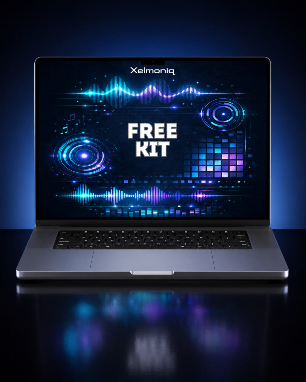 A silver laptop on a dark reflective surface with blue ambient lighting. The screen displays a digital graphic with the brand name 'Xelmoniq' at the top and the words 'FREE KIT' in large white letters.