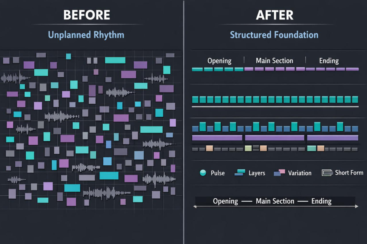A dark infographic comparing 'Before' and 'After' music production states. The left side, labeled 'Before Unplanned Rhythm,' shows a dense, chaotic arrangement of multicolored blocks and audio waveforms.