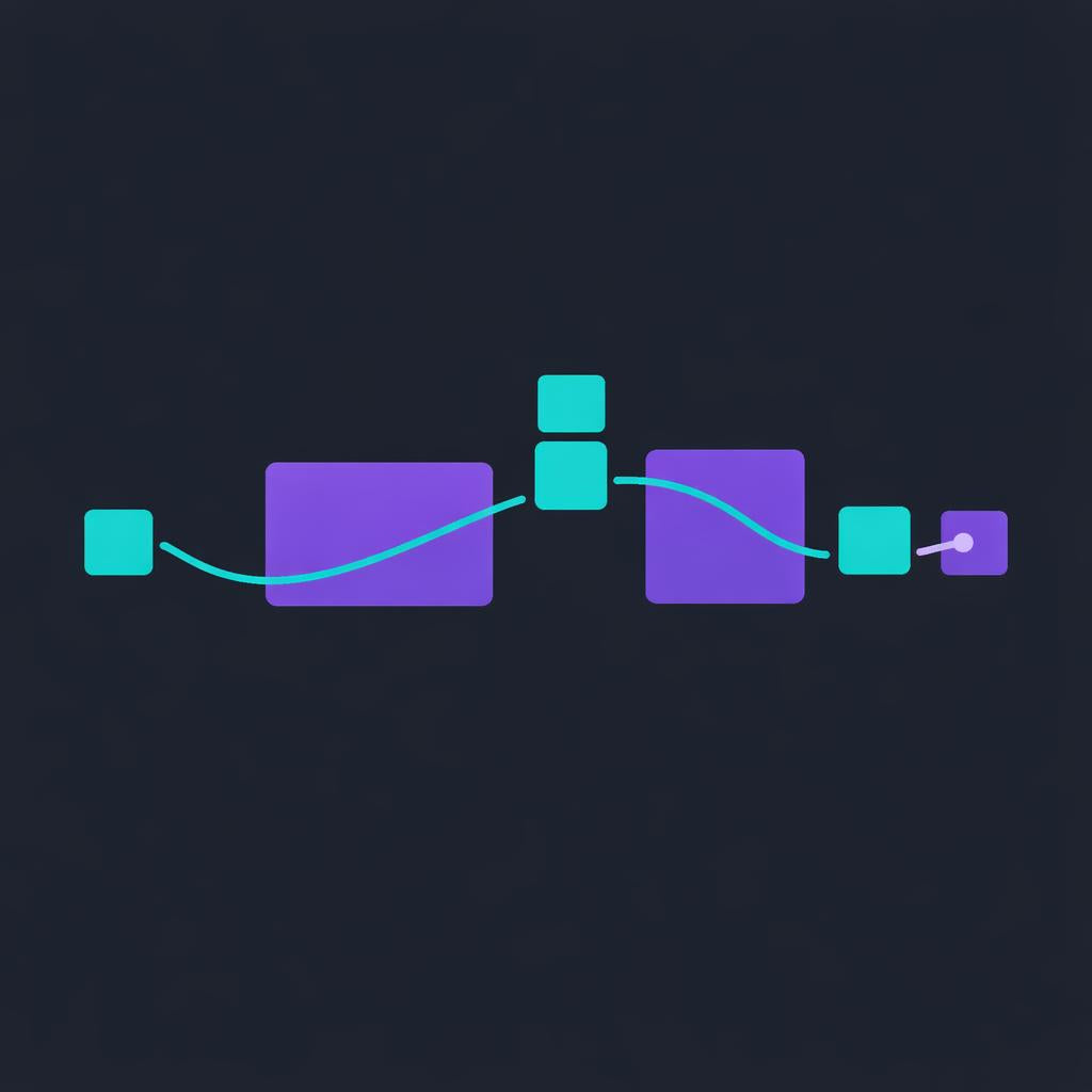A minimalist digital graphic showing abstract purple rounded rectangles, turquoise squares, and a curved turquoise line on a very dark navy background.