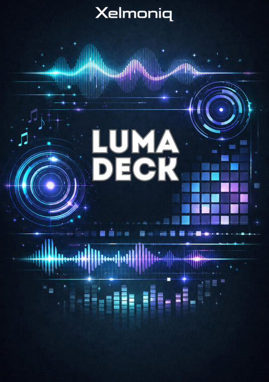 Digital cover art for 'Luma Deck' by Xelmoniq, featuring glowing blue, purple, and cyan digital audio waveforms, circular HUD-style graphics, and a pixel grid on a dark textured background.