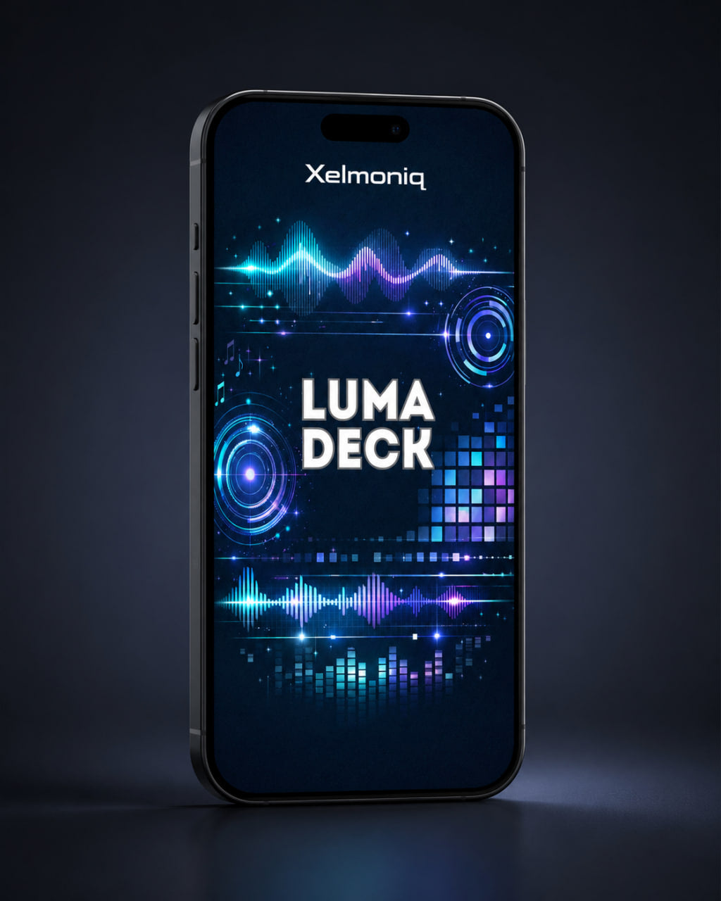 A smartphone shown upright against a dark studio background, with the screen on and displaying the brand name Xelmoniq at the top and large text reading LUMA DECK in the center. The phone has a black or very dark gray body with a colorful neon-style display featuring blue, purple, and cyan light effects.