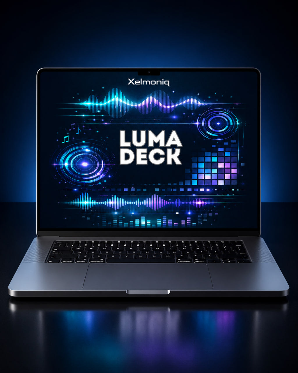 An open silver laptop on a dark reflective surface, displaying a futuristic blue and purple digital interface with the text 'Xelmoniq' at the top and 'LUMA DECK' prominently in the center.