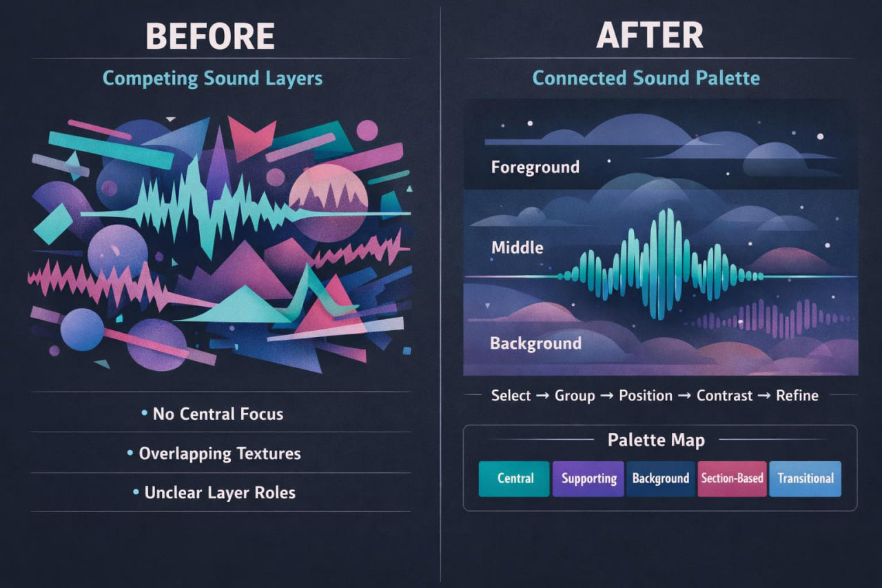 A digital graphic comparing a noisy, cluttered 'Before' sound layering layout with a clean, organized 'After' sound palette. The left side features abstract, overlapping colorful shapes and text reading 'BEFORE Competing Sound Layers,' while the right side shows a cohesive dark blue and purple soundwave with labels for 'Foreground,' 'Middle,' and 'Background,' plus a 'Palette Map' at the bottom.