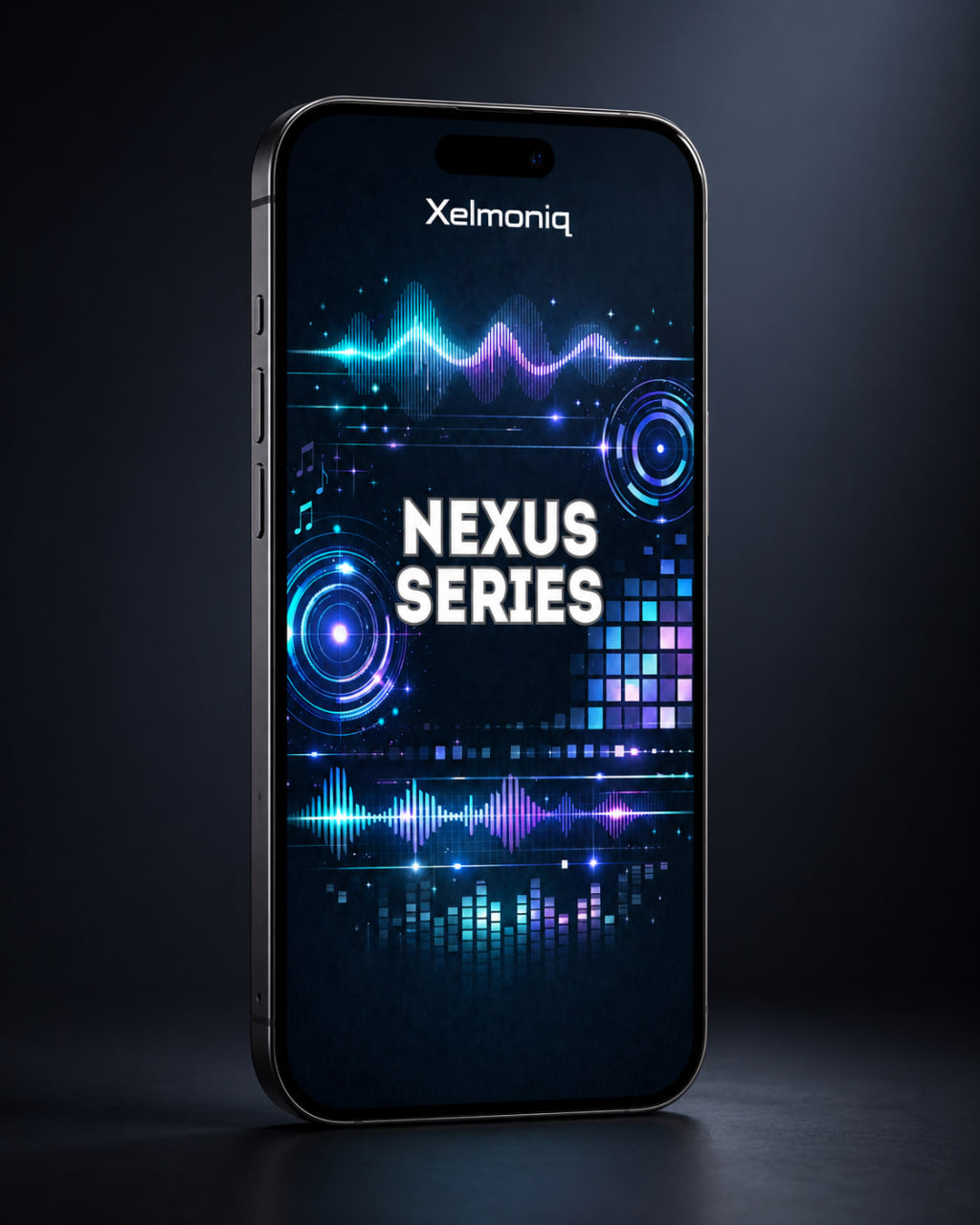 A black smartphone shown upright against a dark studio background, with the screen on and displaying the Xelmoniq brand name at the top and large 'NEXUS SERIES' text over a glowing blue and purple futuristic interface.