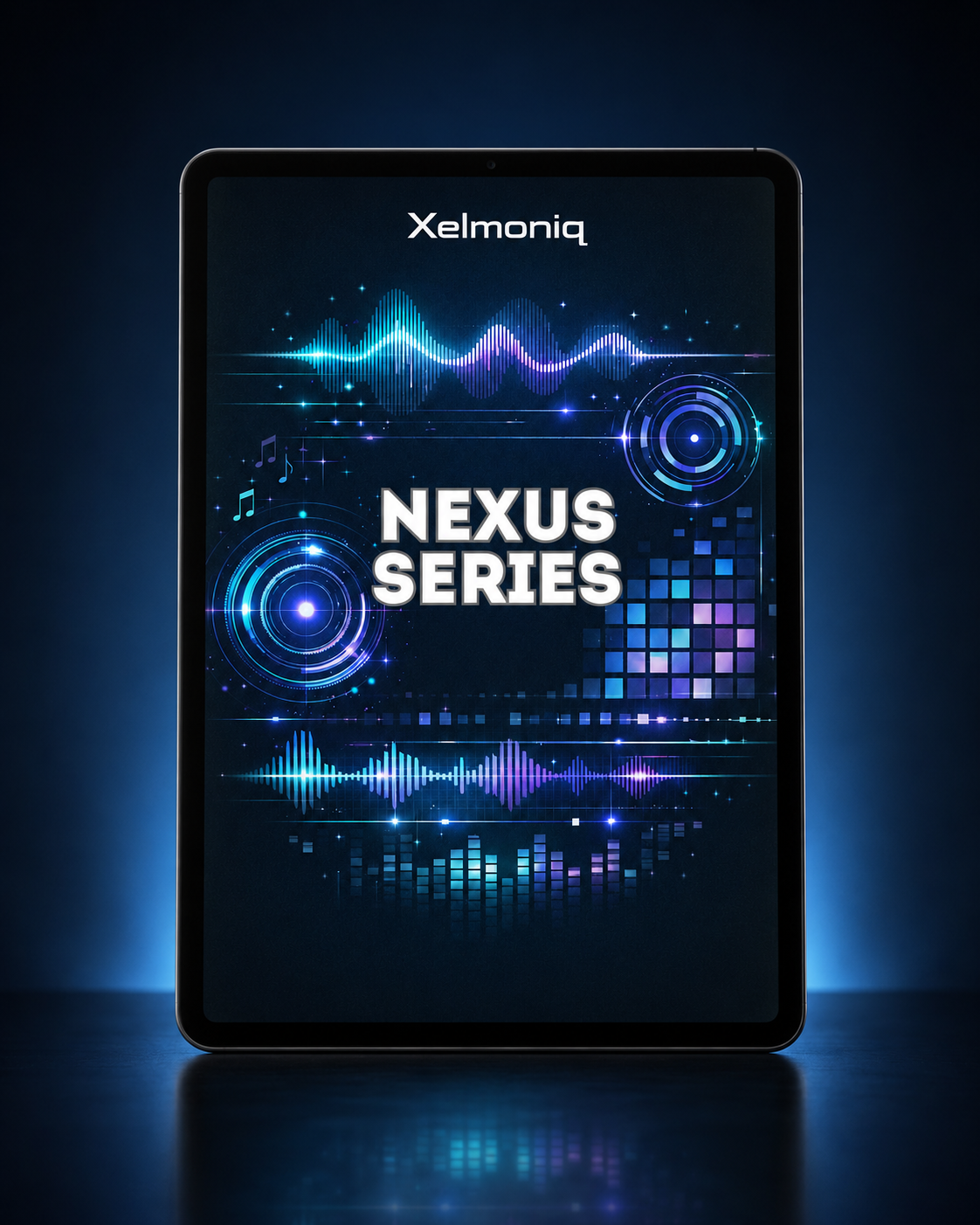 A tablet device shown upright on a dark reflective surface, displaying a blue and purple digital interface with the text 'Xelmoniq' at the top and 'NEXUS SERIES' prominently in the center.