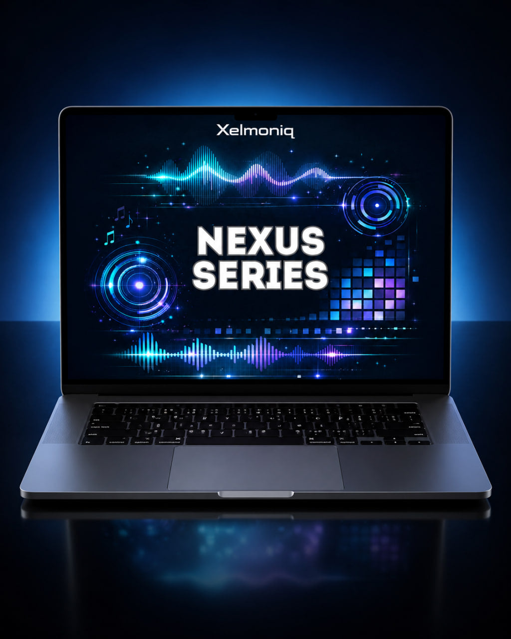 An open silver laptop on a dark reflective surface, displaying a futuristic blue and purple digital interface with the text 'Xelmoniq' and 'NEXUS SERIES' on the screen.