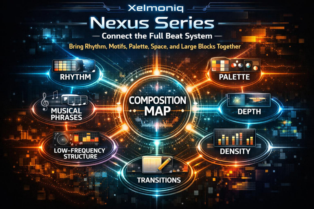 A digital composition map graphic for the Xelmoniq Nexus Series, featuring glowing circular nodes connected by lines around key musical parameters: Rhythm, Musical Phrases, Low-Frequency Structure, Transitions, Depth, Density, and Palette. The design uses a dark futuristic background with orange and blue neon accents.