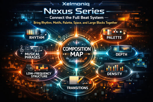 A digital composition map graphic for the Xelmoniq Nexus Series, featuring glowing circular nodes connected by lines around key musical parameters: Rhythm, Musical Phrases, Low-Frequency Structure, Transitions, Depth, Density, and Palette. The design uses a dark futuristic background with orange and blue neon accents.