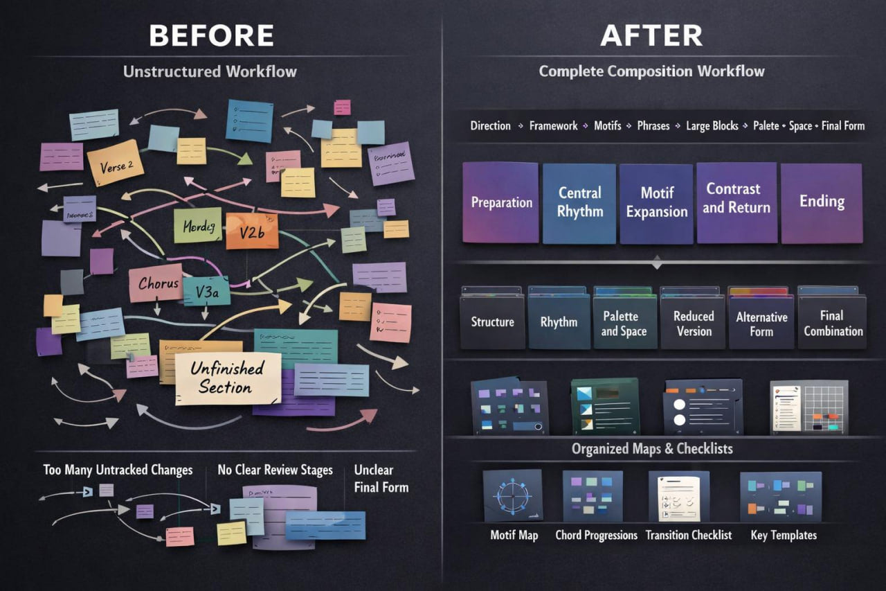 A before-and-after workflow comparison graphic on a dark chalkboard-style background. The left side, labeled BEFORE, shows an unstructured workflow with colorful sticky notes, arrows, and notes like 'Verse 1', 'Chorus', and 'Unfinished Section'.
