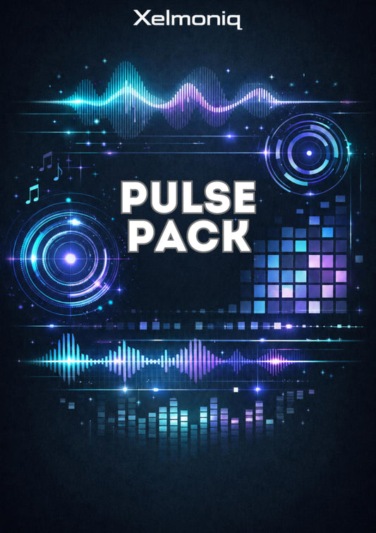 Digital cover art for 'PULSE PACK' by Xelmoniq, featuring glowing blue, purple, and cyan soundwave graphics, circular HUD-style elements, and a pixel grid on a dark background.
