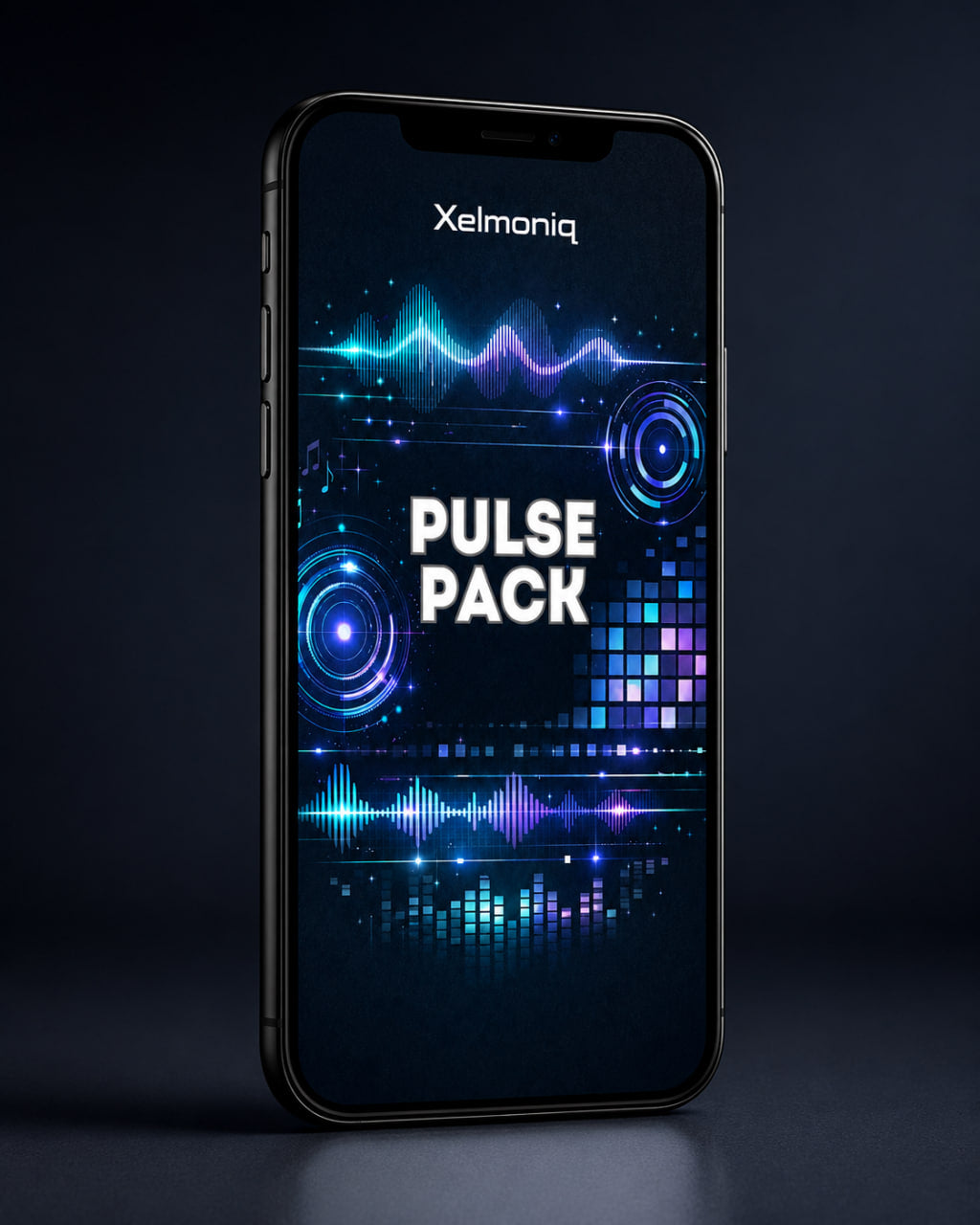 A smartphone shown upright against a dark studio background, with the screen on and displaying the brand name Xelmoniq at the top and large text reading 'PULSE PACK' over a glowing blue and purple digital waveform design.