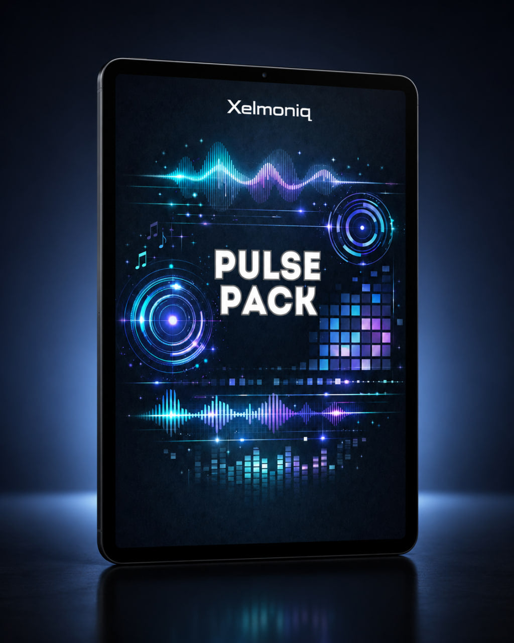 A tablet device shown upright on a dark reflective surface, displaying a futuristic audio graphic with the text 'PULSE PACK' and the brand name 'Xelmoniq' near the top of the screen.