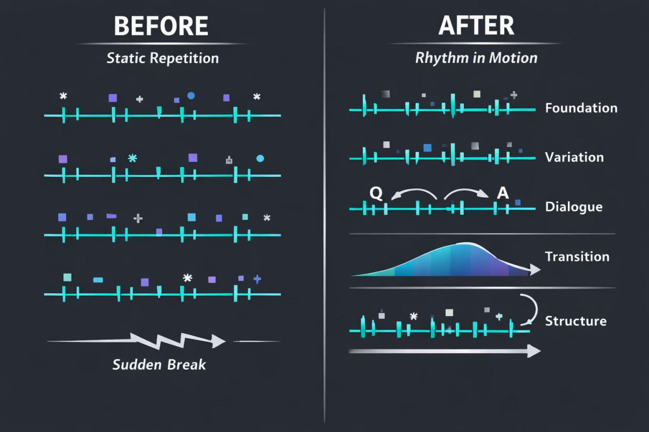 A dark infographic comparing 'Before' and 'After' rhythmic speech patterns. The left side, labeled 'BEFORE' under 'Static Repetition,' shows simple repeating text with cyan and purple symbols and a 'Sudden Break' arrow.