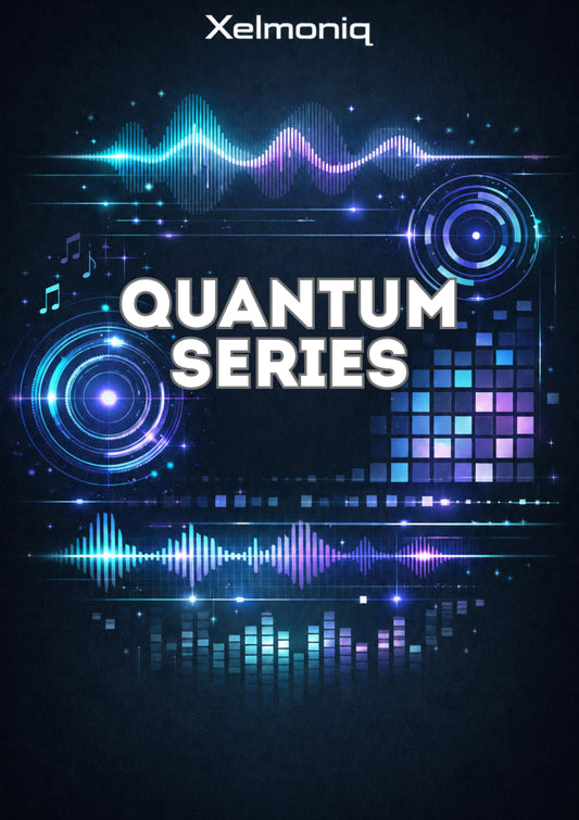 Digital cover art for 'Quantum Series' by Xelmoniq, featuring glowing blue and purple audio waveforms, circular target graphics, and a pixel grid on a dark background with the brand name 'Xelmoniq' at the top.