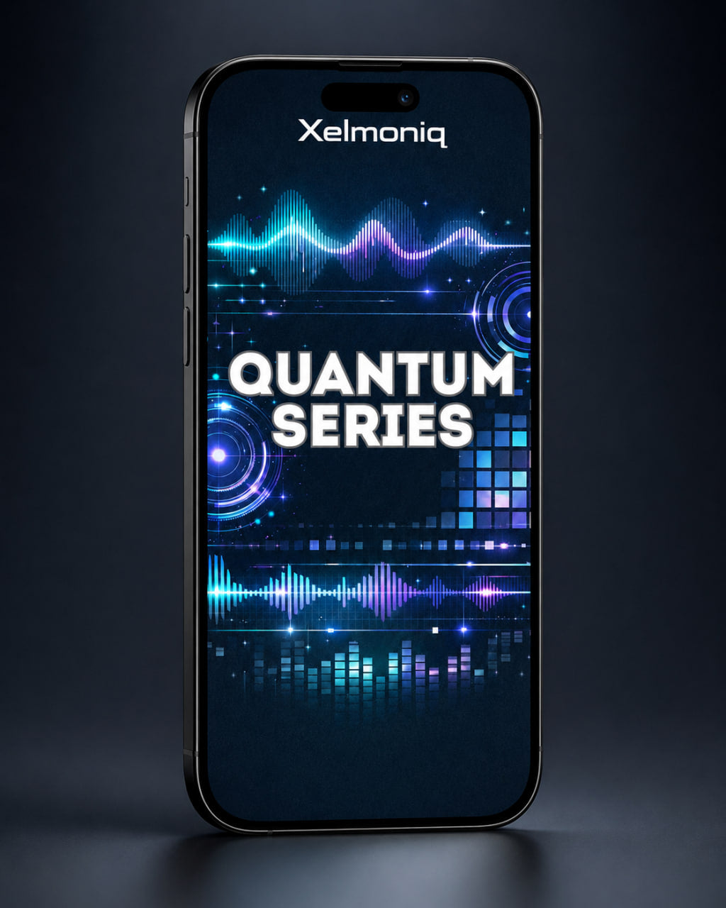 A black smartphone standing upright against a dark studio background, displaying a futuristic audio-style graphic with the text 'Xelmoniq' at the top and 'QUANTUM SERIES' in large white letters across the center.