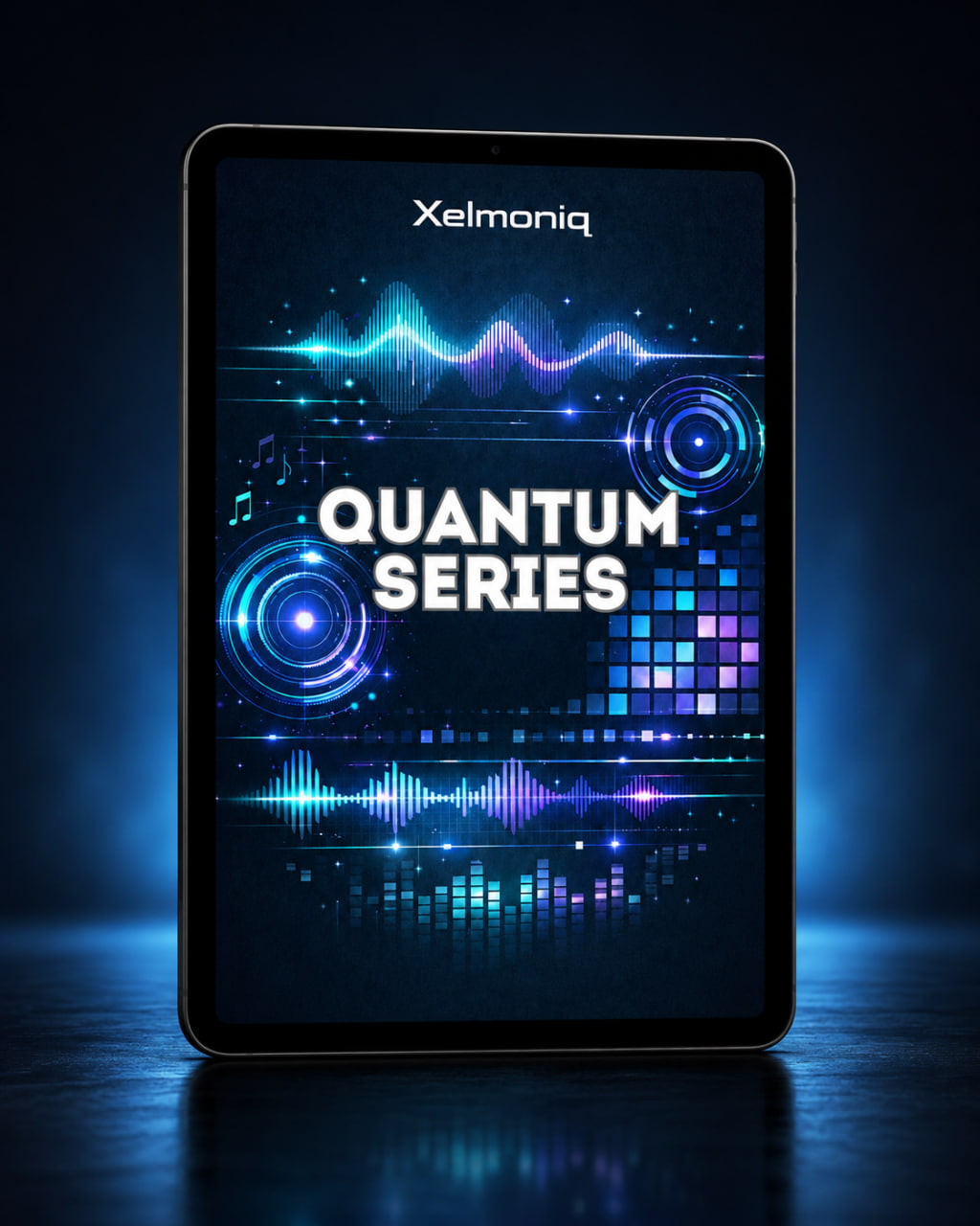 A tablet device standing upright on a dark reflective surface, displaying a futuristic blue and purple audio waveform design with the text 'Xelmoniq' at the top and 'QUANTUM SERIES' in large white letters across the center.